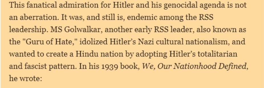 The admiration of the genocidal agenda of the Hitler is very much intact in the ideological foundation of RSS till date. This further exposes the agenda of Hindutva with minced words at its webpage.Both Hitler & founding fathers of Hindutva believed in the "final solution"