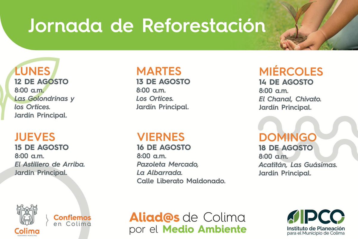 ColimaMunicipio's tweet photo. ¡Vámonos a reforestar!
Consulta el calendario de reforestación de esta semana
#ConfiemosEnColima
#AliadosDeColimaPorElMedioAmbiente ##ColimaNatural #CuidemosElMedioAmbiente
#SalvaNuestroPlaneta https://t.co/r3o0nlrjLF