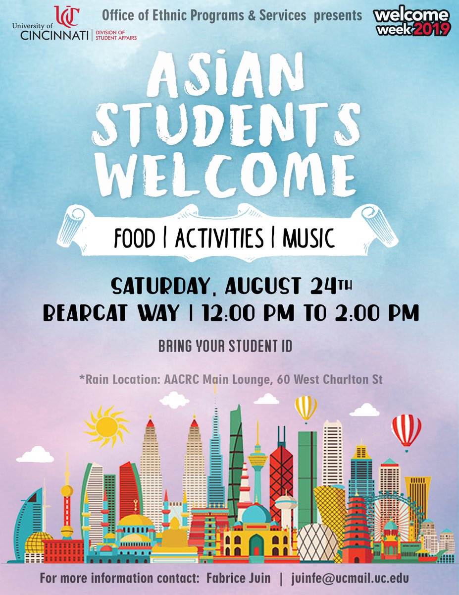 UC_EPS's tweet photo. EPS Team is thrilled to welcome all Asian-identifying students - incoming &amp; returning students - for our Asian Student Welcome 2019!! Here's an opportunity to network with other students, community partners &amp; University staff with music, fun, &amp; food!
#AsianStudentWelcome2019 https://t.co/mbvGB6wjhn