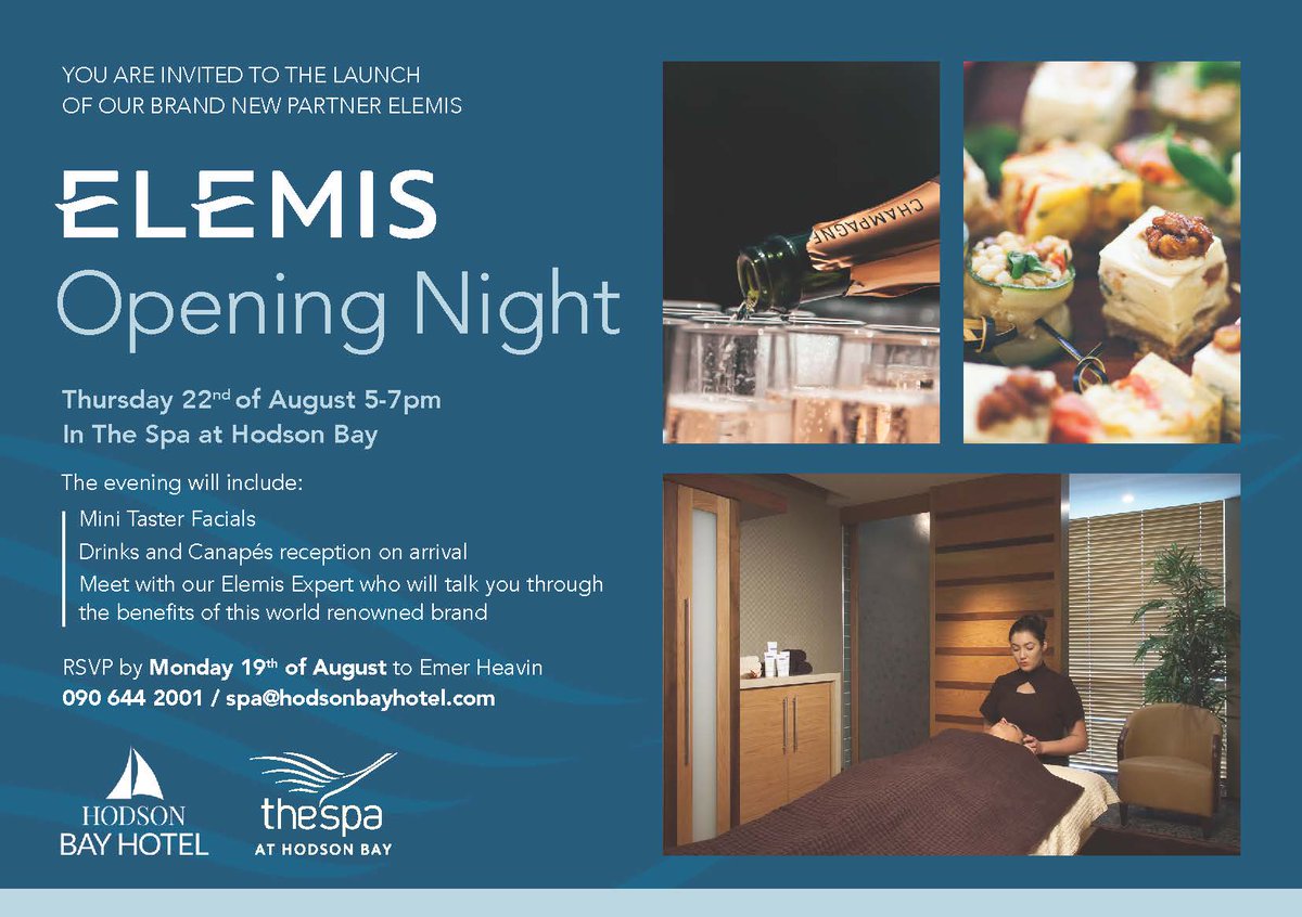 Hodsonbayhotel's tweet photo. You are invited to our @Elemis Open Night, next Thursday 22nd of August in The Spa at Hodson Bay. RSVP to or Spa team on 090 644 2001 or email spa@hodsonbayhotel.com to ensure your place. #spa #spanight #spaevent #luxuryspa #hodsonbay #hodsonbayspa #hodsonbayhotel https://t.co/Vw7bWqXi7m