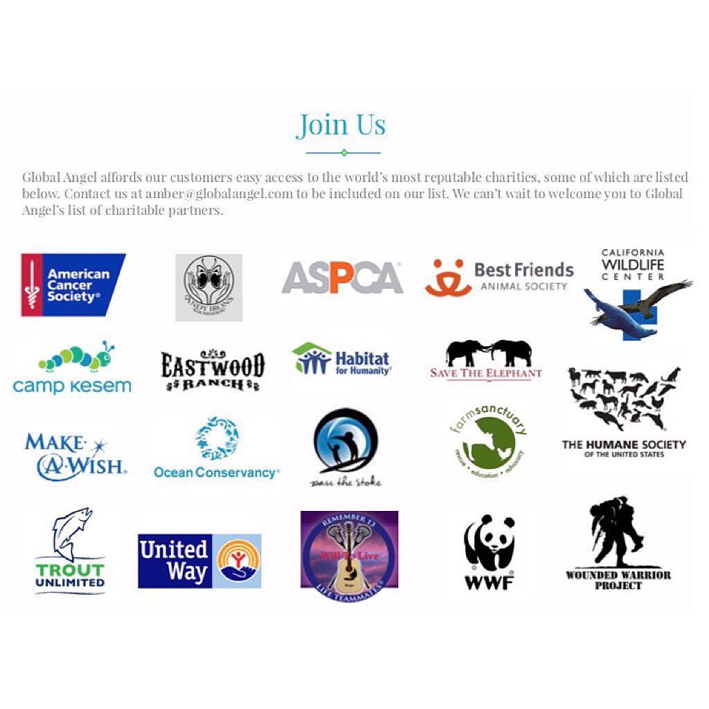 GlobalAngel_LA's tweet photo. Global Angel affords our customers easy access to the world’s most reputable charities. Contact amber@globalangel.com to be included on our list. We can’t wait to welcome you to Global Angel’s family of charitable partners! #partnership https://t.co/9MuRLVIunf