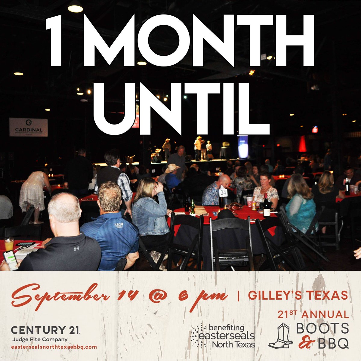 1 MONTH until our <a href="/Century21judge/">CENTURY 21 Judge Fite Company</a> Fite 21st Annual Boots, BBQ &amp; Casino – Presented by <a href="/CardFinancial/">CardinalFinancial</a>! On September 14th, join us for a night of barbecue, cocktails, sponsored by <a href="/SQVConstruction/">SQV Construction</a> and gambling!

For more information: e.givesmart.com/events/dHS/