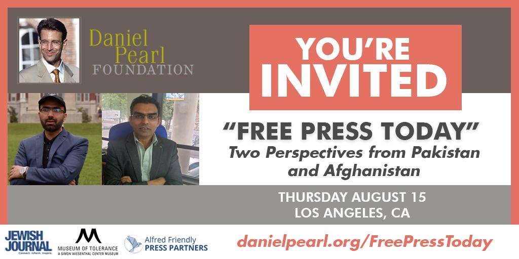 DanielPearlFdn's tweet photo. Don't forget! "Free Press Today" Panel kicks off *tomorrow* at 6:30pm in Los Angeles. RSVP in advance: https://t.co/Eq34Jhf83C @musoftolerance @JewishJournal @AlfredFriendly https://t.co/chlOeffQ9a