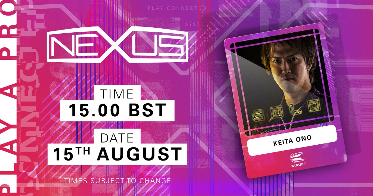TargetDarts's tweet photo. PLAY. A. PRO.
Keita Ono will be playing live on the Nexus tomorrow, 15th August, at 15.00 BST. Catch him in the cricket lobby and let us know how you get on! #PlayAPro https://t.co/V5IoGKN7Kq