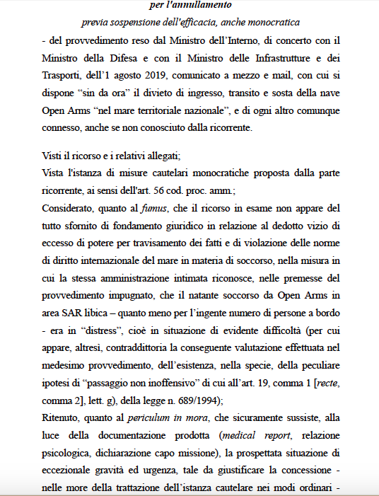 DesdelAtlantico's tweet photo. Ante los bulos que empiezan a circular y dado que alguno confunde deseos con realidades, adjunto el auto del Tribunal Administrativo Regional de Lazio que aprueba la medida cautelar de permitir el acceso del #OpenArmas a aguas territoriales italianas. https://t.co/ZPQXYaGzPz