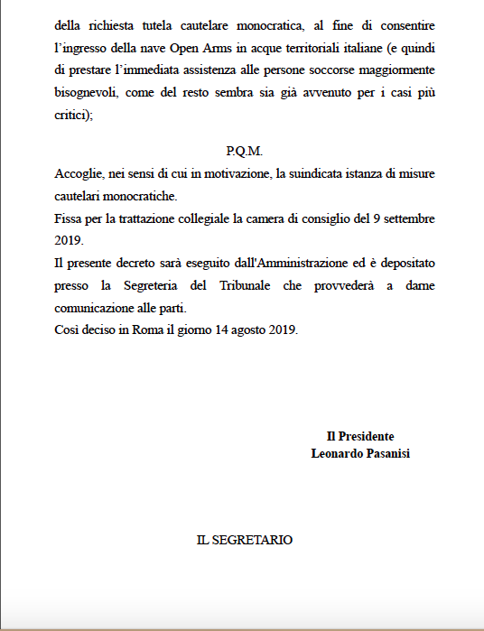 DesdelAtlantico's tweet photo. Ante los bulos que empiezan a circular y dado que alguno confunde deseos con realidades, adjunto el auto del Tribunal Administrativo Regional de Lazio que aprueba la medida cautelar de permitir el acceso del #OpenArmas a aguas territoriales italianas. https://t.co/ZPQXYaGzPz