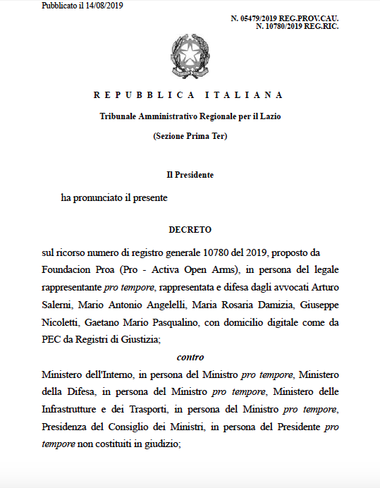 DesdelAtlantico's tweet photo. Ante los bulos que empiezan a circular y dado que alguno confunde deseos con realidades, adjunto el auto del Tribunal Administrativo Regional de Lazio que aprueba la medida cautelar de permitir el acceso del #OpenArmas a aguas territoriales italianas. https://t.co/ZPQXYaGzPz