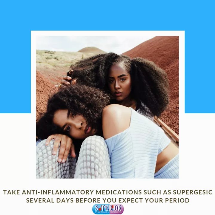 SuperiorPharma1's tweet photo. Taking anti-inflammatory medications such as #Supergesic several days before you expect your period, could help relieve pain.
#SupergesicWorks
#Superiorpharma #WednesdayWisdom #WednesdaySuperSales #WednesdayThoughts #LIVCHE https://t.co/4fafjQCGPO
