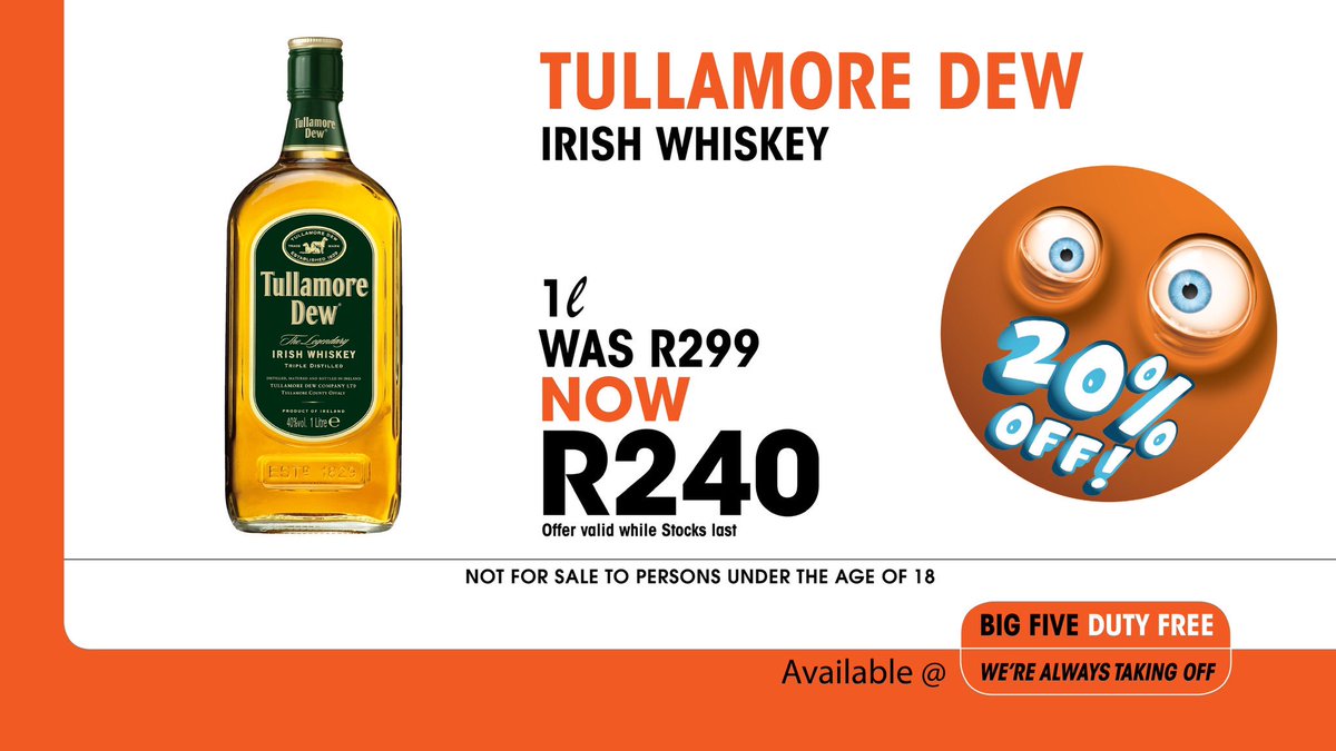 BigFiveDutyFree's tweet photo. Just landed #tullamoredew #whiskey #irishwhiskey #premiumquality #whiskeywednesday #augustpromo #travel #shoptheairport #dutyfree #southafrica #ortambo #capetownint #kingshakaint #doyoutravel #travelwithbfdf #airportshopping #bigfivedutyfree #bfdf #alwaystakingoff https://t.co/P9osqa9NyL