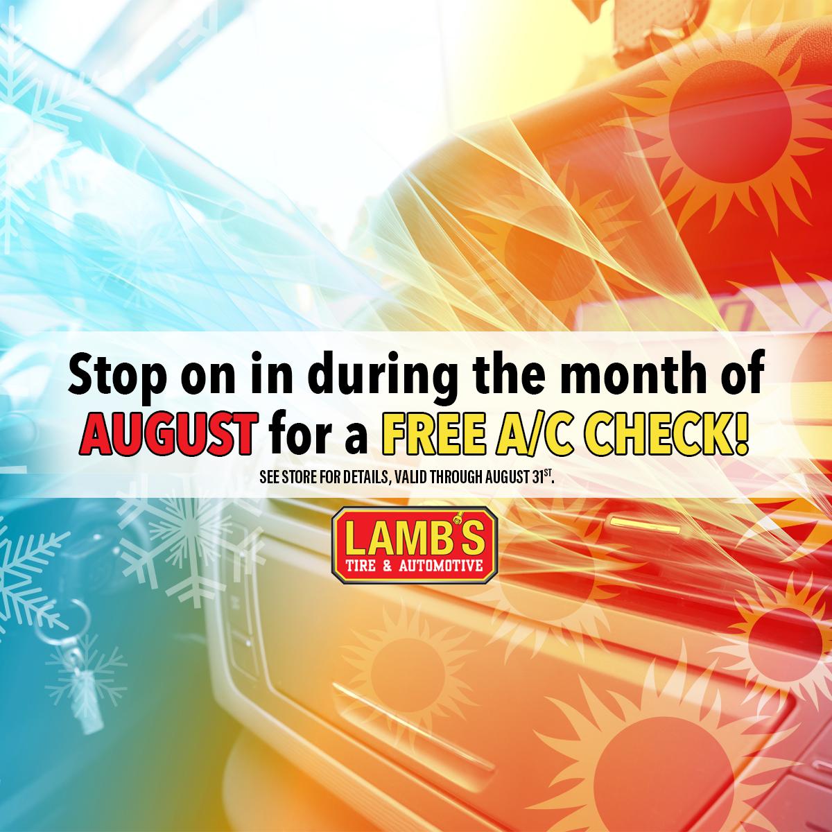 LambsTire's tweet photo. Enjoy the summer heat, but not while driving!💦
Get a FREE A/C Check during the month of August! 
*See stores for details, valid through August 31st. https://t.co/FYTmU0H4lm