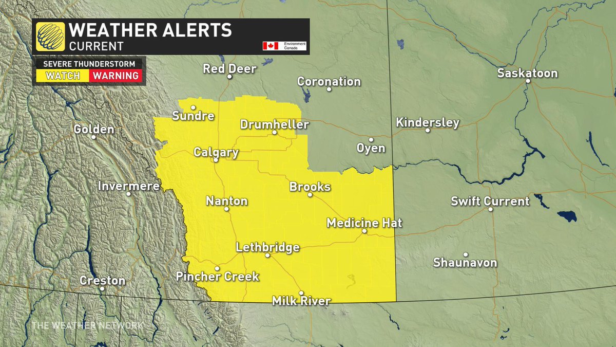 Severe Thunderstorm WATCH in place for the City of Calgary, with the threat of strong wind gusts, large hail and heavy rain. #ABstorm