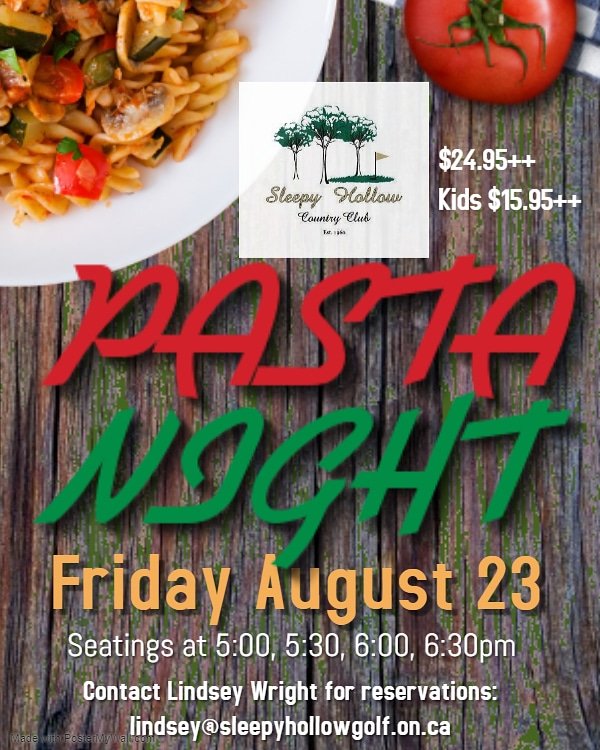 GolfSleepy's tweet photo. Aug 23 Sleepy Hollow is hosting Pasta Night! Live pasta station, you choose your ingredients and the chef will cook it before your eyes! Did we mention it's all you can eat? All welcome, our dining room is now open to the public. Please come and enjoy a night of food and fun! https://t.co/wftSZTYyoi