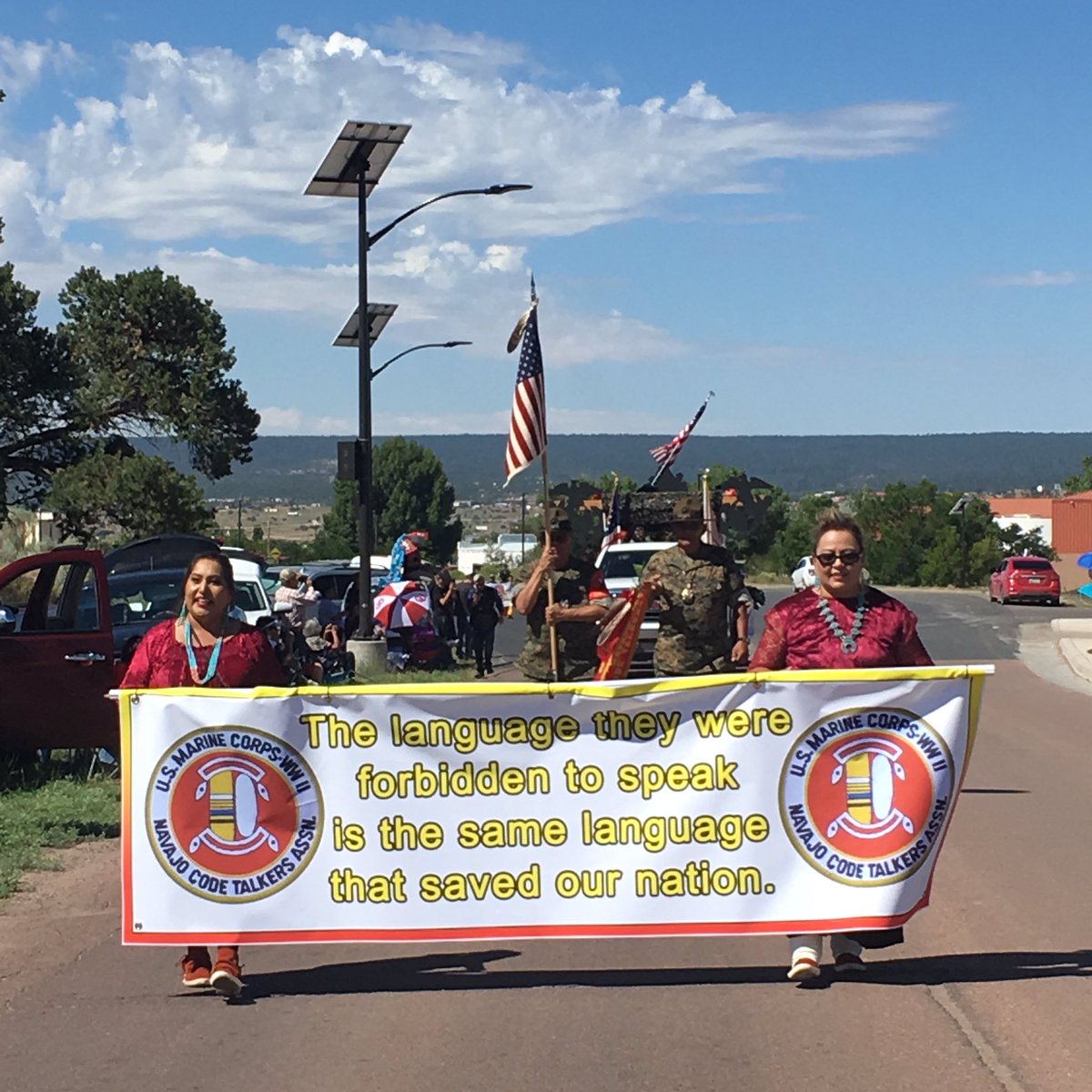 The parade for #NavajoCodeTalkersDay starts with an important message. #NavajoNation