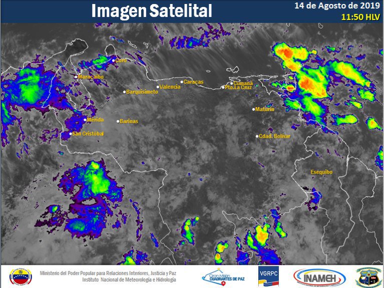 #14Ago | En la imagen satelital se observa nubosidad convectiva sobre áreas de Monagas, Delta Amacuro y Amazonas. Vía <a href="/INAMEH/">INAMEH</a>
