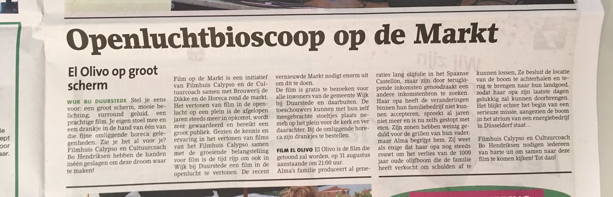 CultuurcoachWbD's tweet photo. Hebben jullie deze al gezien? Mooi artikel van @BenBlom in de @WijkseCourant en fijn bericht in het @tgroentje vandaag over Film op de Markt! #fodm  #wijkbijduurstede #markt https://t.co/Cb5TZNhyO5