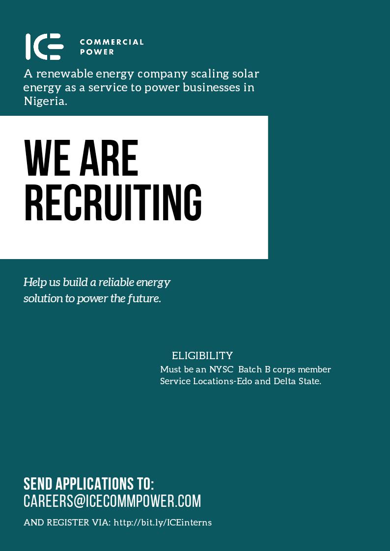 icecommpower's tweet photo. Don't miss out on an opportunity to team up with the foremost renewable energy firm in the country. 
Send your applications to careers@icecommpower.com

And register via https://t.co/geyhQdNKhB

#chooseIce #TorTIV #WednesdayWisdom #WednesdayThoughts #JobSeekersWednesday #jobfairy https://t.co/OBzvkzo49r
