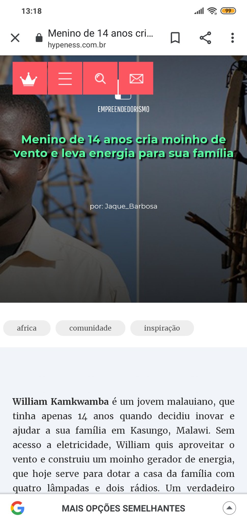 Menino de 14 anos cria moinho de vento e leva energia para sua família