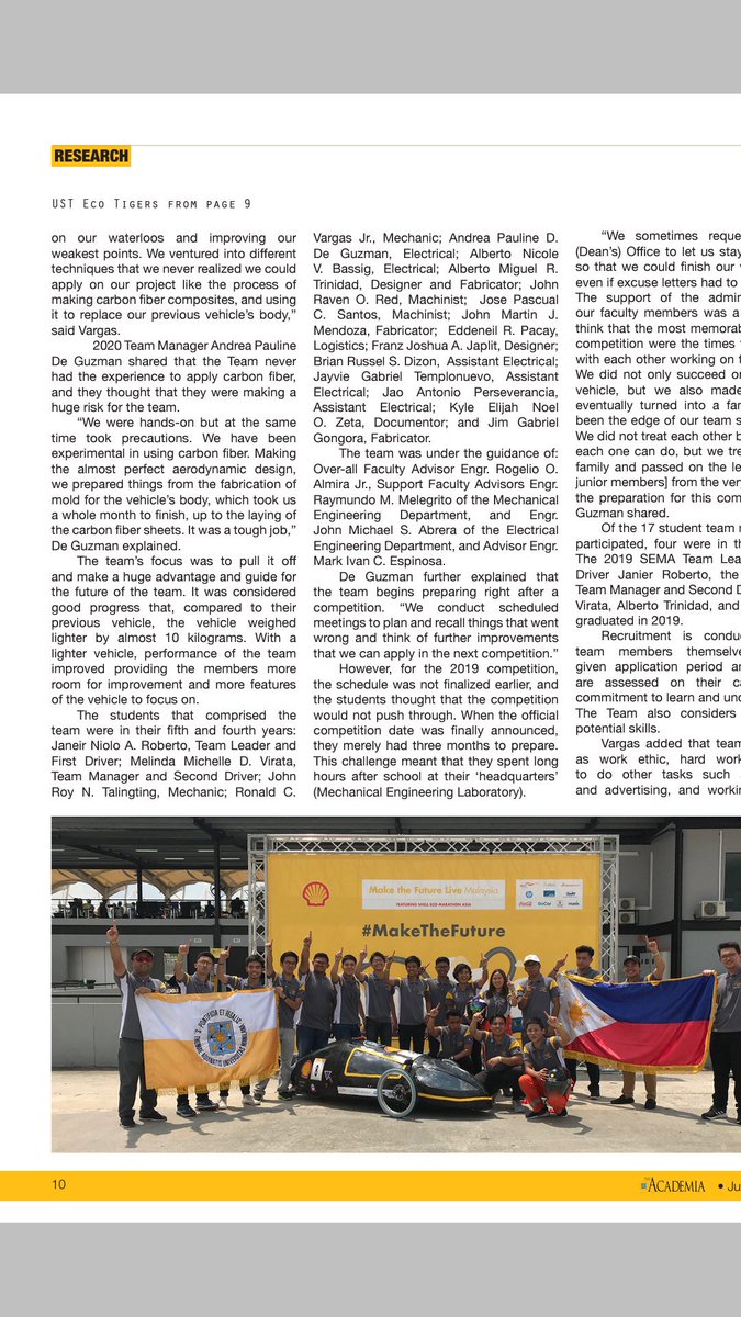 ust_ecotigers's tweet photo. ICYMI:

UST Eco Tigers featured in The Academia July issue.

#EcoTigers #shellecomarathon #ShellEcoMarathonAsia #SEMA2019

https://t.co/VApY5WUJiN https://t.co/CeXt2yLlRx