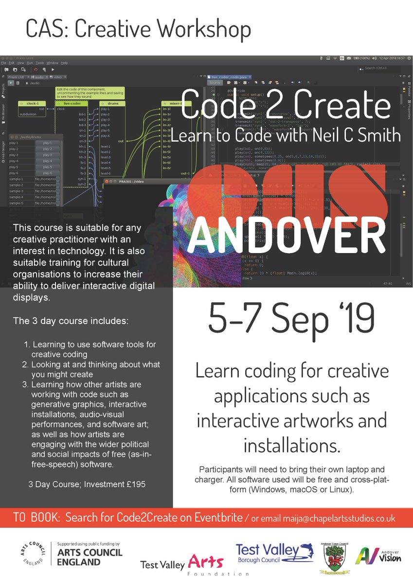 CASartists's tweet photo. #code2create - this poster has some more info about @neilcsmith_net 's upcoming coding course at CAS https://t.co/r1a8W7nx3F