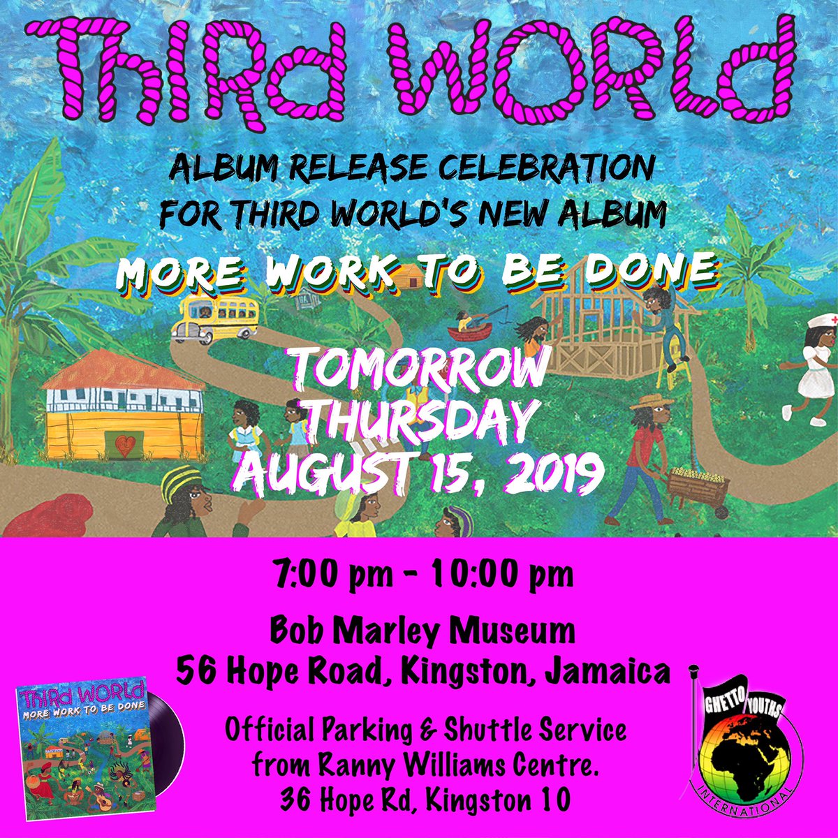 GYIINTL's tweet image. You’re invited to @ThirdWorldBand’s ALBUM RELEASE CELEBRATION TOMORROW 8/15 at the @BobMarleyMuseum! 7pm-10pm. 56 Hope Rd, Kingston. Free to attend! The band’s new album #MoreWorkToBeDone produced by @DamianMarley releases this Friday Aug 16! #ThirdWorld #Celebrating45Years