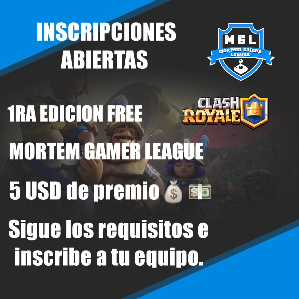 Se abren inscripciones para la primera edicion de la MGL.
CR👑

5 USD 💵 de premio
Requisitos:
📌Dar rt mencionando 2 equipos
📌seguir a <a href="/TLMortem/">TLMortem</a> 
📌seguir a @RobertMorDrake 
📌seguirnos @MGamerLeague
📌conseguir 10RT 🔁

Una vez completados los Requisitos mandar pruebas al MD