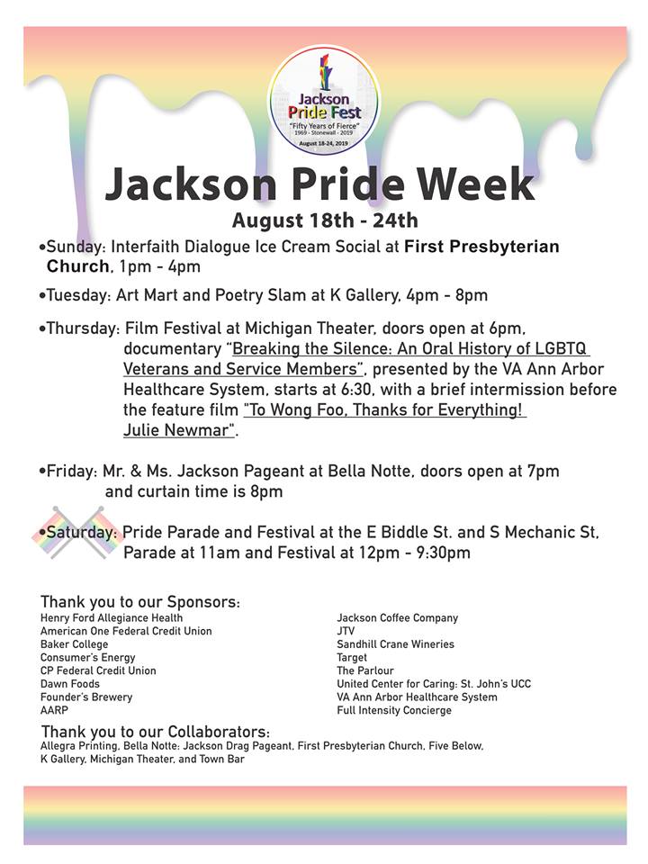 jaxprideweek's tweet photo. Jackson Pride Fest! 🏳️🌈Honoring the 50th Anniversary of Stonewall. #FiftyYearsOfFierce #JaxPride2019🌈Aug 18-24
Week of amazing events! #JacksonMichigan #PureMichigan #LGBTQ #Pride #Faith #Art #Poetry #Music #Film #Food #Community #LoveIsLove #Celebrate #MittenLove #SoberSpaces https://t.co/jxpKQIqoCf