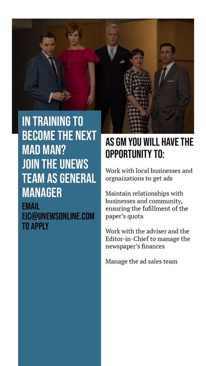TheUNews's tweet photo. Interested in learning about the business side of the University News? Wait no longer! Join today as General Manager and become a part of our family. For more information, contact Emma Carmody at eic@unewsonline.com. We hope to hear from you soon! https://t.co/26peRBuThU