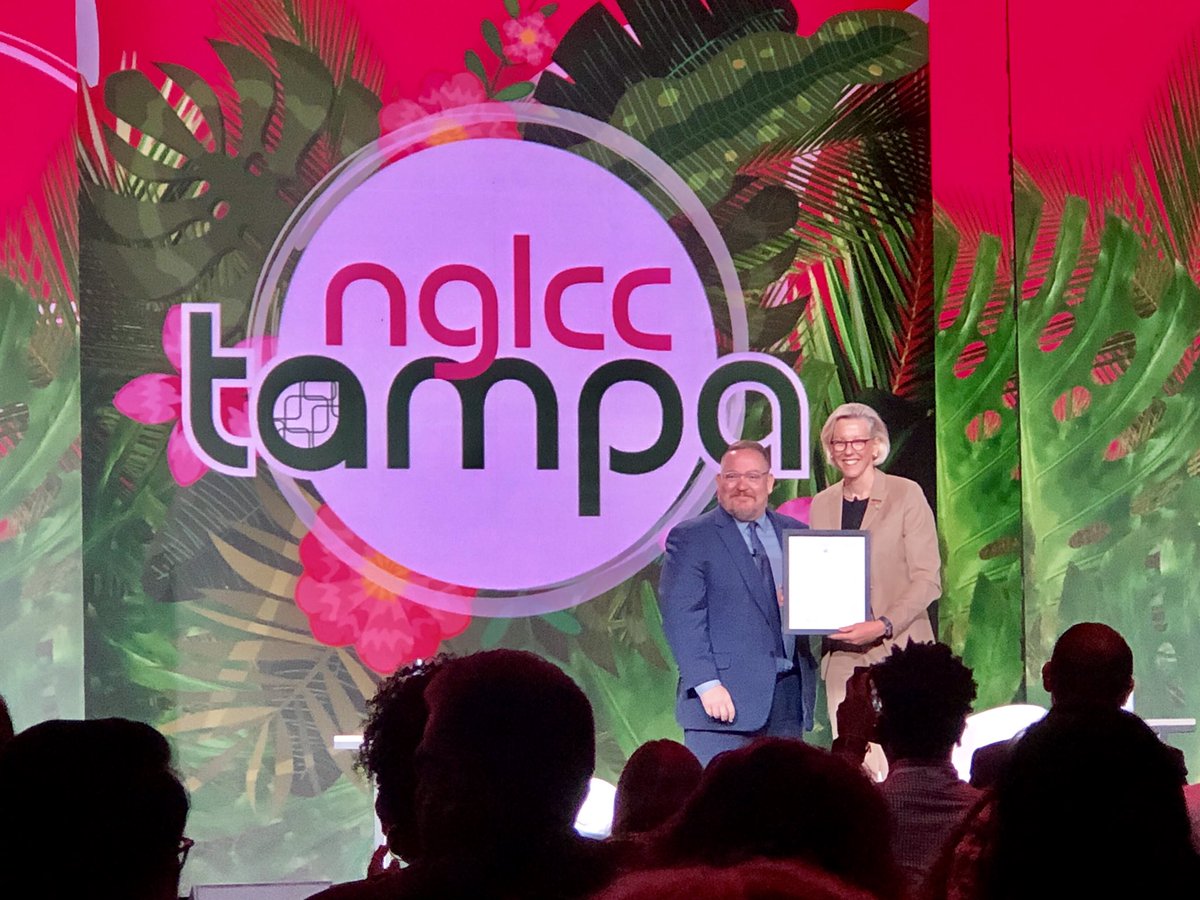 .@NGLCC and @NGLCCJustin surprised onstage by Mayor @JaneCastor announcing she signed an executive order that @CityofTampa will utilize #LGBTBE certifications for city contracts! #NGLCC19