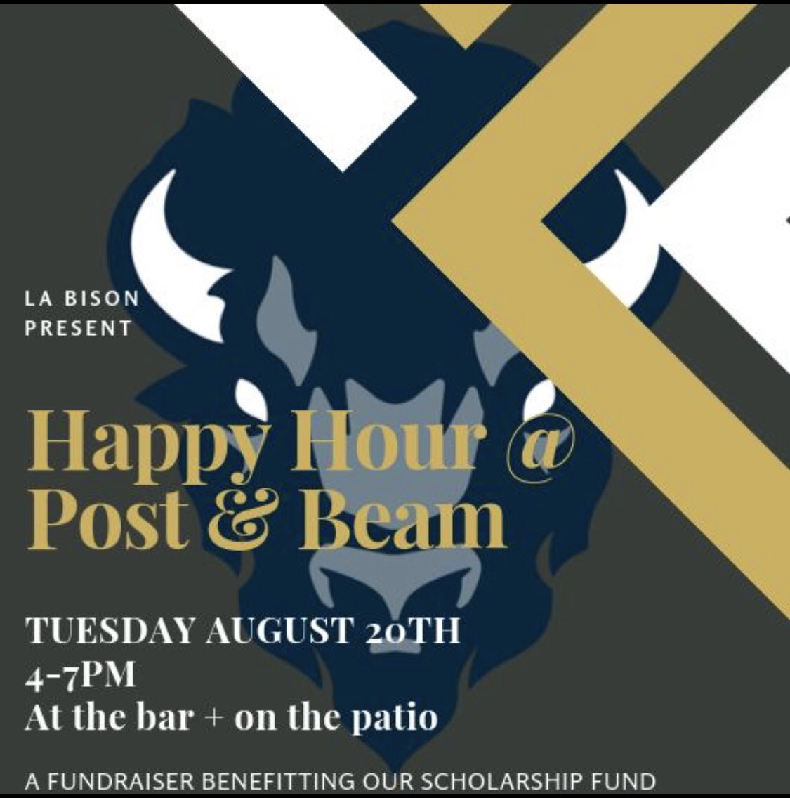 Join <a href="/LABison1964/">L.A. Bison</a> this Tuesday from 4-7pm for Happy Hour at Post &amp; Beam! Proceeds go to a great cause.. supporting students in need. All are welcome 😊