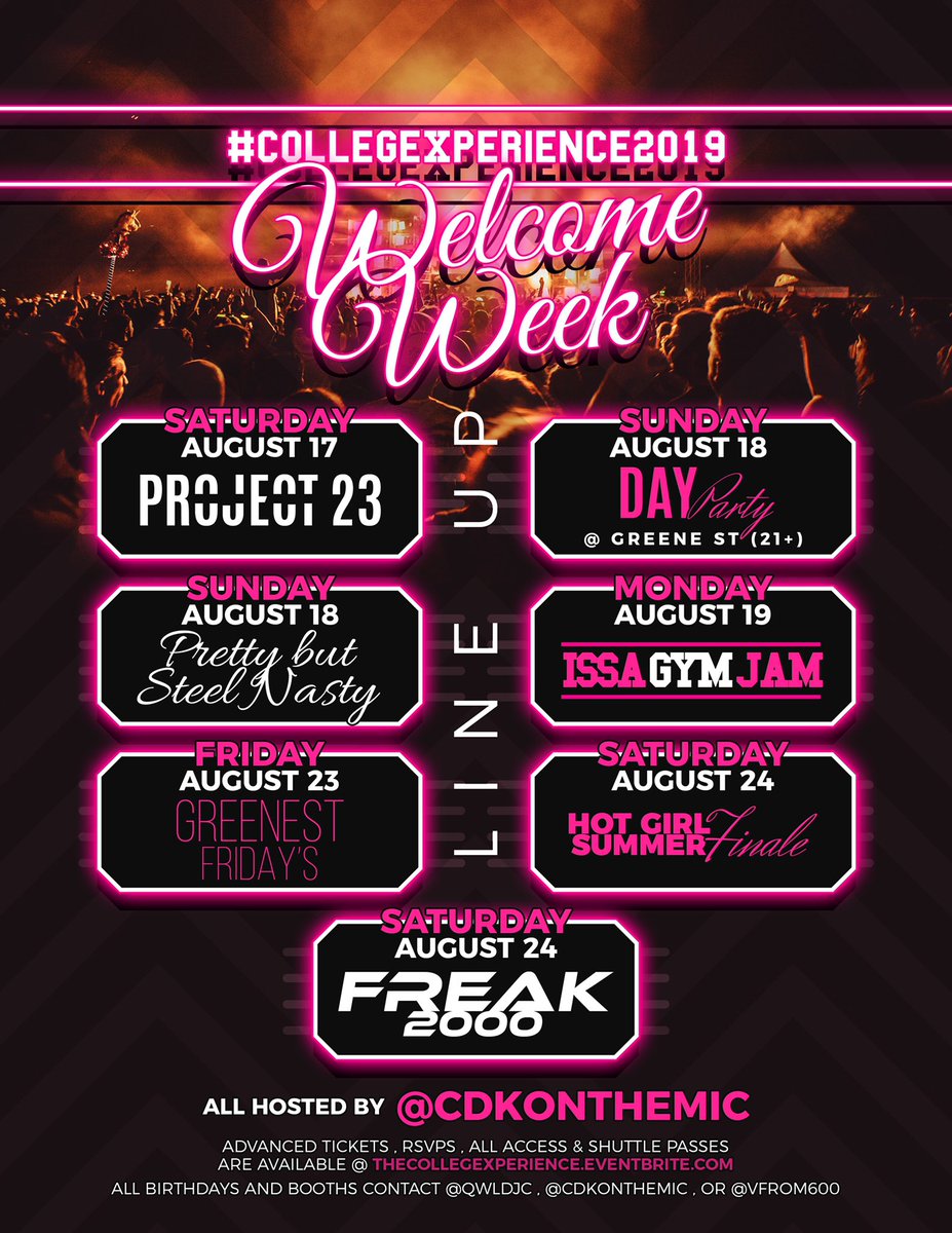 ceostarvon's tweet photo. Six Stars Presents... 🌟

6000+ TICKETS SOLD FOR #THECOLLEGEXPERIENCE2019 

08/17 - #Project23 

08/18 - #PrettyButSteelNasty3

08/19 - #IssaGymJam3 

08/24 - #Freak2000s 

RT TO SAVE A COLLEGE STUDENT 

https://t.co/eXi58szfr3

#UNCG
#NCAT
#NCAT23
#UNCG23
#WSSU https://t.co/hCbGTFdB4Y
