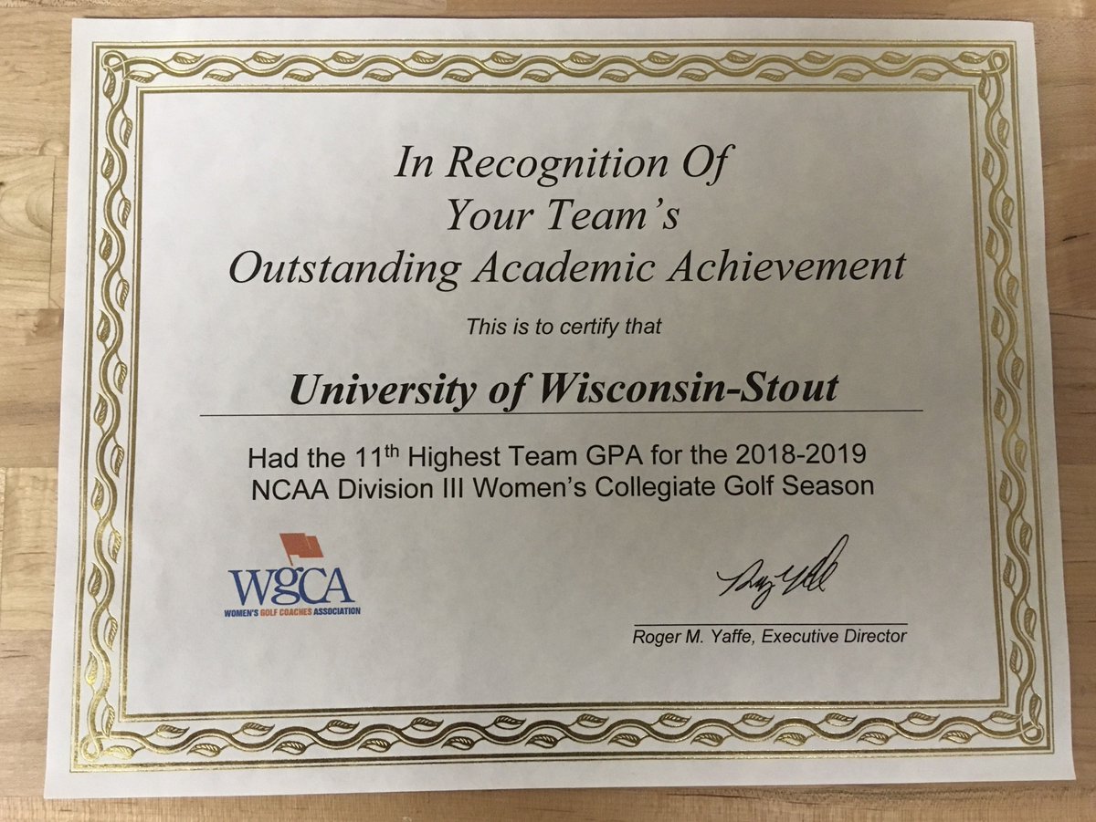 StoutWGolf's tweet photo. Getting this certificate means as much to our program as any trophy we win on the golf course. Just a few weeks til we tee it up in the classroom and start a new semester! #BleedBlue #TheStoutWay https://t.co/vRpv6n8DBS