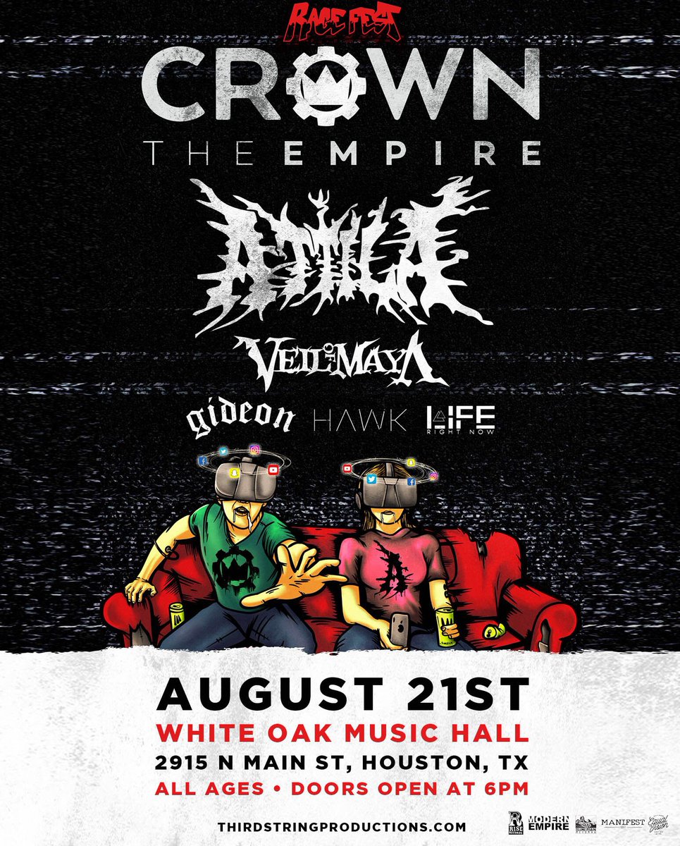 ThirdStringEnt's tweet photo. ๐ค ๐ONE WEEK AWAY ๐๐ค
houston texas!!
at @WhiteOakMH
@CrownTheEmpire
@ATTILAga
@veilofmayaband
@GideonAL
@hawkdotcom
tickets at
https://t.co/a309jXA2qB
#ragefest #ragefest2019 #crowntheempire #attila #heyitsfronzfromattila #veilofmaya #gideon #hawkdotcom https://t.co/3Bku9QZZC5