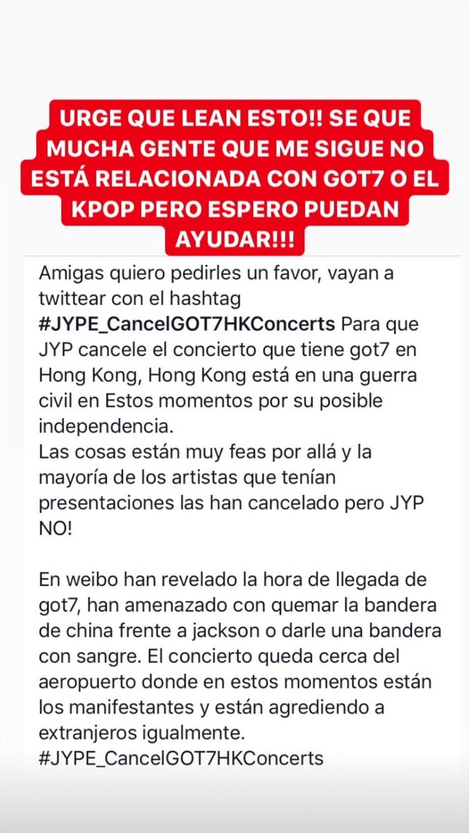1801Agustina's tweet photo. No soy ahgase, pero es por la seguriadad de got7 y de su fandom que tenes que cancelar el concierto en Hong Kong.
 ¡JYP DATE CUENTA! 
 #JYPE_CancelGOT7HKConcerts https://t.co/cXZbtFtBdS