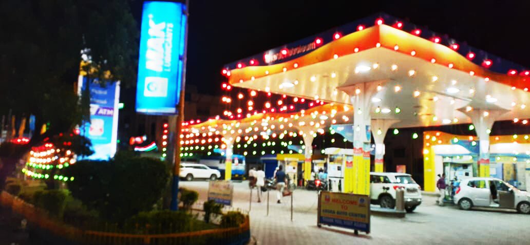 BPCLimited's tweet photo. Our Fuel Station, Arora Automobiles in #Lucknow is lit up on the eve of #IndependenceDay2019 https://t.co/uH4g2xyTxf