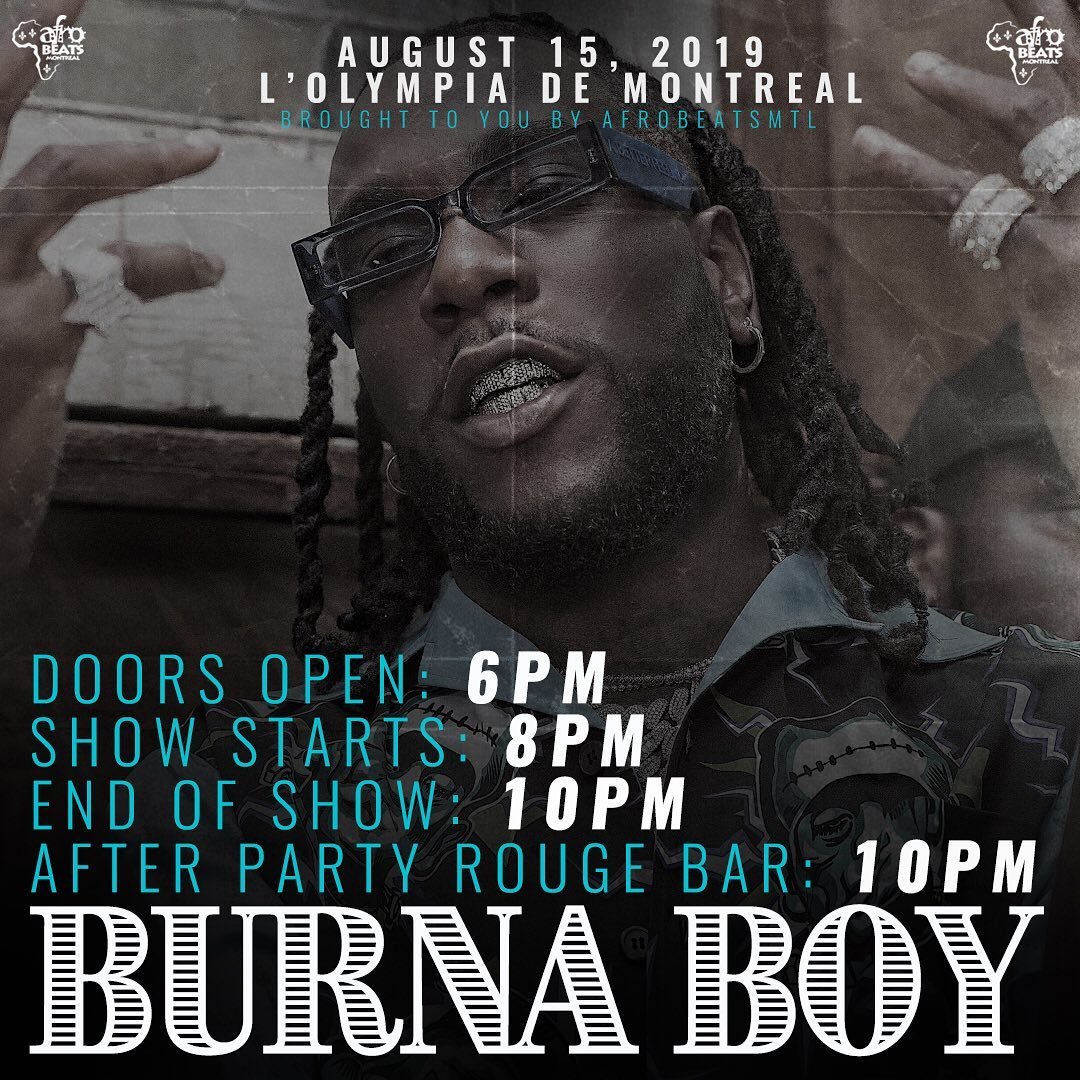 Detour514's tweet photo. The event originally scheduled for August 11 is postponed to this Thursday, August 15! 
Your tickets for August 11 will be honoured for August 15, you do not have to exchange your tickets.

BURNA BOY live in Montreal
Doors open - 6pm 
Show STARTS- 8pm 
Show ENDS - 10pm https://t.co/ckXfv9cXBX