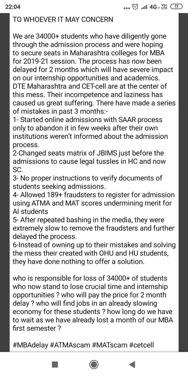 AayushMisra1's tweet photo. #MBADelay #CETCELL 
@TawdeVinod @PMOIndia @ndtv @kunalkamra88 @MumbaiUni 
This is a matter of utmost priority and immediate course of action has to be taken by the #cetcell. A delay in the process will negatively impact the course of first semester of more than 30k students. https://t.co/lQl7gHte96