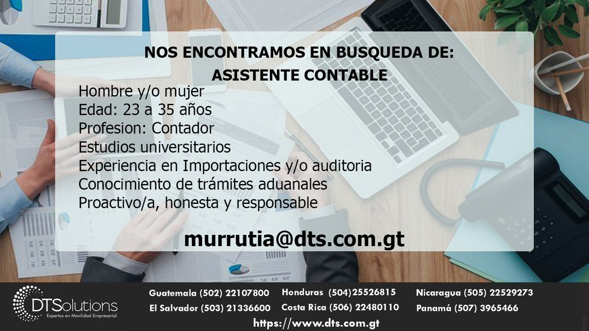 DTSolutions_CA's tweet photo. ¿En #búsqueda de #trabajo? DTSolutions se encuentra contratando a: Asistente Contable
#EnviatuCV a: murrutia@dts.com.gt
#trabajo #GT #Asistente #ofertalaboral https://t.co/hrmtNQ40Hr