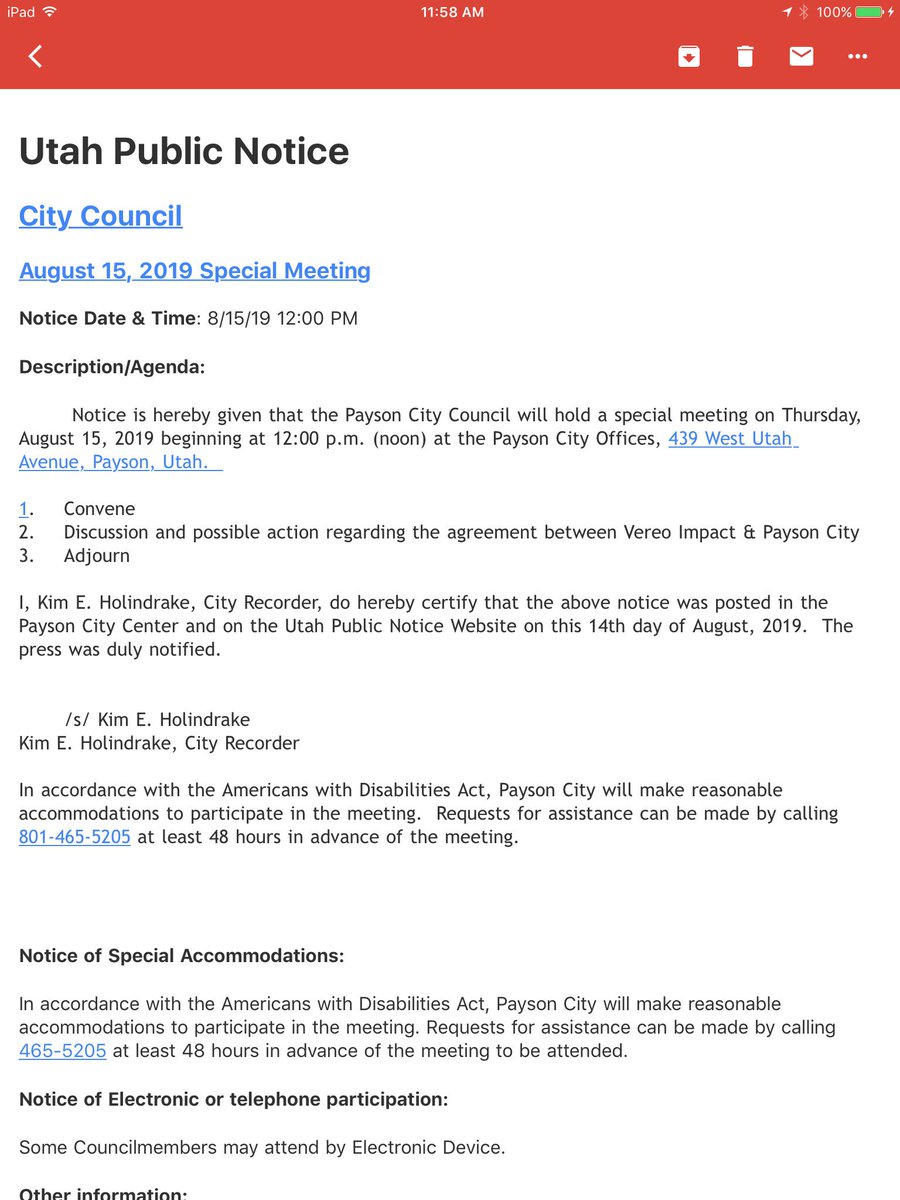 The Payson City Council will hold a special meeting tomorrow, August 15, at 12 PM NOON regarding a contract between Vereo iMpact and Payson City.

#payson #utah #publicmeetings #paysoncity #vereoimpact