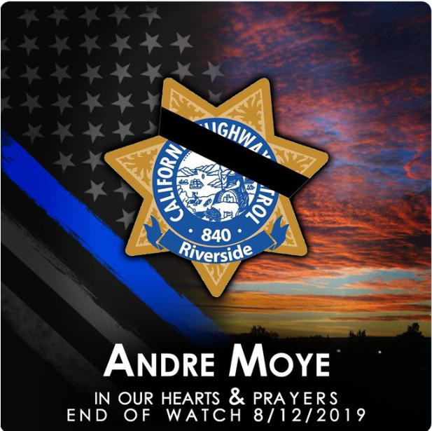 RivCo_Code's tweet photo. Our thoughts and prayers are with California Highway Patrol - Riverside and the family &amp; friends of Officer Andre Moye https://t.co/mYh8yxRlE1