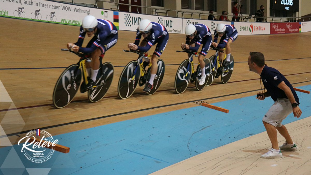 ReleveFFC's tweet photo. INCROYABLE ! En réalisant un chrono de 4:00.384 , les Français ont établi un nouveau record du monde en poursuite par équipes et disputeront demain le titre mondial 🌈
#ReleveFFCSkoda | #Frankfurt2019 https://t.co/fdGXZEG3Pr
