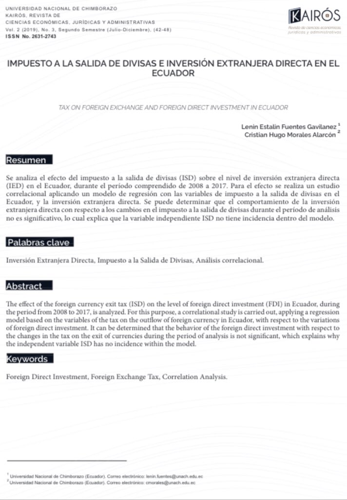 lenynf1's tweet photo. Estimada comunidad, comparto a ustedes el paper “Impuesto a la Salida de Divisas e Inversión Extranjera Directa en el Ecuador”.

https://t.co/8sBTGPvcwi https://t.co/kgkUqqW2IU