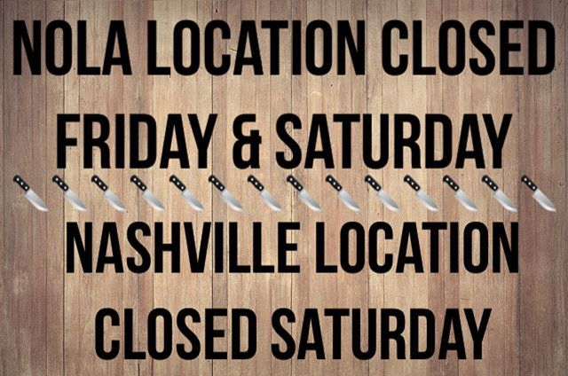 PSA FOLKS! our New Orleans shop will be closed this Friday and Saturday August 16-17, and our Nashville location will be closed just Saturday. we’ve got a boucherie at @homeplacepastures to go to and we’re takin’ our staff with us!!