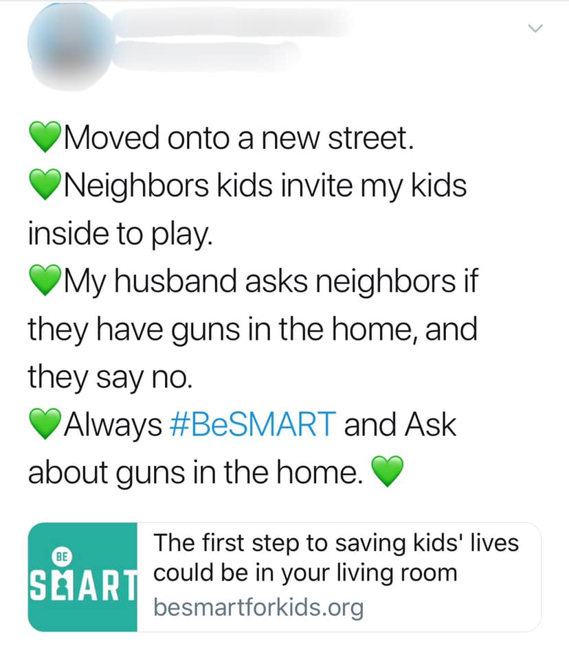 AGSAaction's tweet photo. Asking about guns in the home should be as natural as asking about any other safety issue. It could save your child's life! @beSMARTforkids #gunsafety #gunsense https://t.co/Q6TLGpVzm6