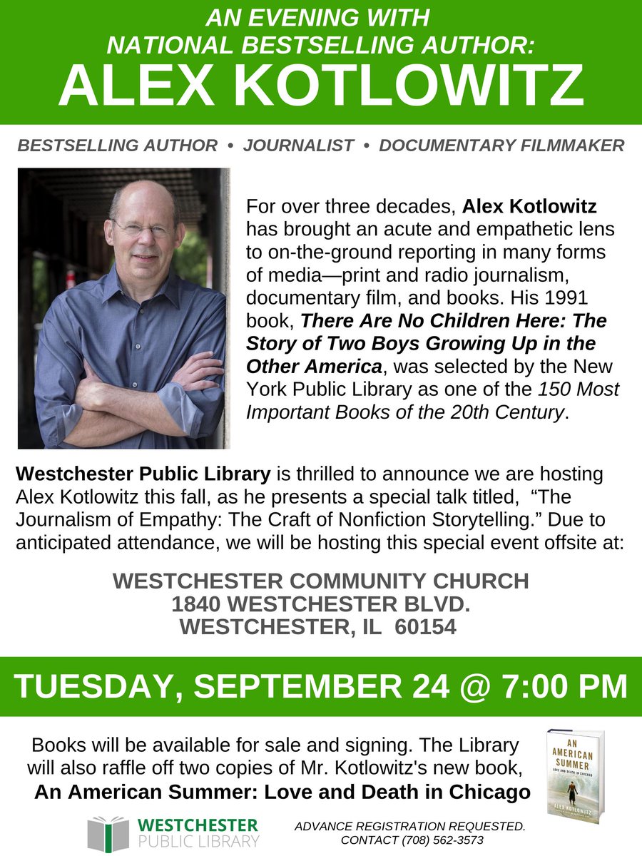 facebook.com/WestchesterPL/…
Reserve your spot so you don't miss National Bestselling author Alex Kotlowitz discuss his craft.