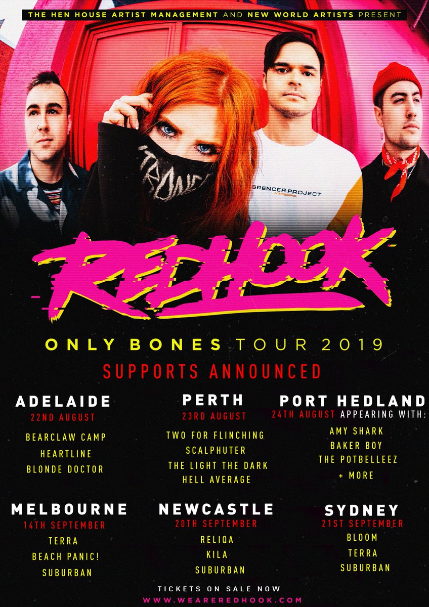 Pretty damn stoked to announce all of our lovely support acts for the ☠️Only Bones☠️ tour! Bringing a whole bunch of m8s new &amp; old along for the ride &amp; yep it's gonna be a right old TIME. Sydney is already SOLD OUT get ur tix while they're 🔥 gang 👉 weareredhook.com