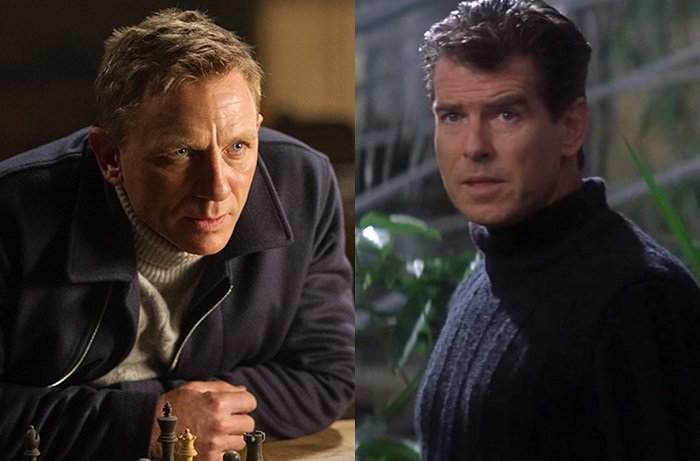 IconicAlt's tweet photo. You can only choose one: SPECTRE @NPeal1936 roll neck or DAD Ballantyne roll neck? #JamesBond #menswear #pickone #spystyle #PierceBrosnan #DanielCraig #styleinspo (DAD photo sourced from @BondSuits) https://t.co/BRKjU8Q0aM
