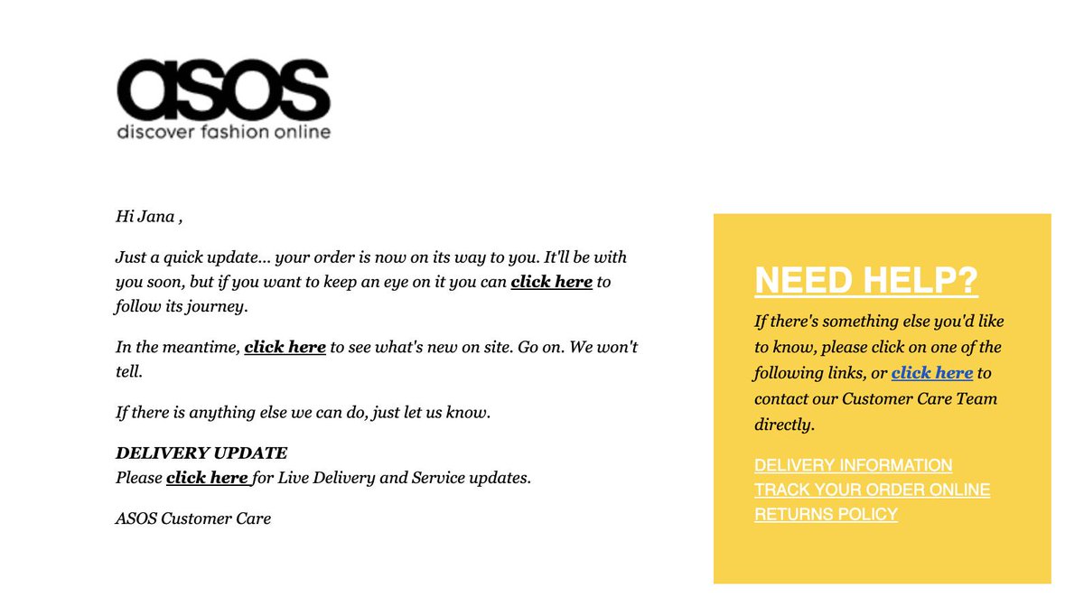 JanaEngelhardt's tweet image. Perfect example of why 'click here' is a terrible link! I'm just scanning the email for important links and none of them tells me where I'm going unless I read the whole sentence. #clickhere #clickthere #badux #marketingfail @ASOS @ASOS_HeretoHelp