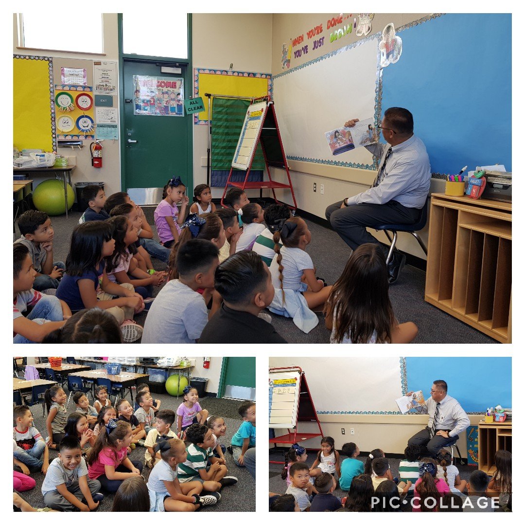 We love books! First grade students listening and watching with excitement while our principal, Mr. Martinez reads them a story. What a great a way to encourage reading! Thank you Mr. Martinez! 💕💕 #WeAreRUSD @RascalPride