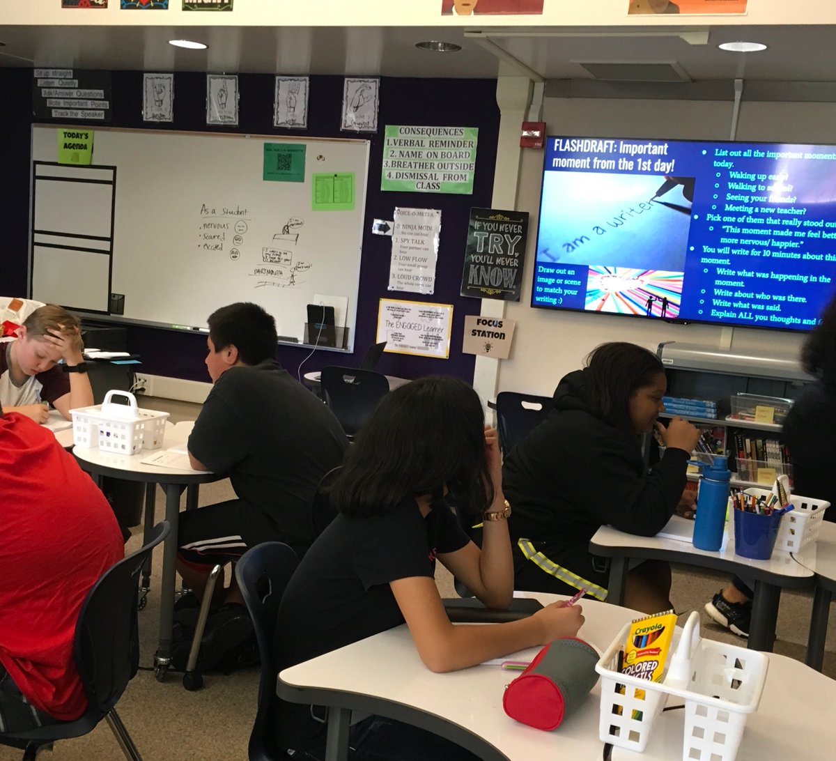 SpEducator_Hall's tweet image. Today, my students flash-drafted about the first day of 8th grade!!! And, by modeling vulnerability as a writer, I got to share my feelings of nervousness as a teacher with my students :)
@TCRWP #flashdraft #FirstDayOfSchool2019  #usdlearns #dmseagles #vulnerability