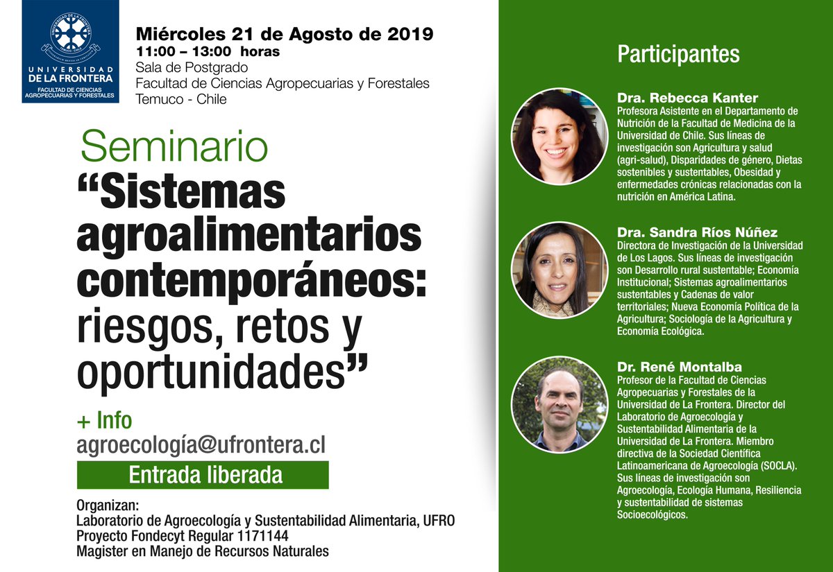 rebeccamkanter's tweet photo. Ojalá nos vemos el próximo miércoles 21 de agosto en la @UFrontera ¡Sin duda un seminario de no perder! #agrisalud https://t.co/mEIE9XSfOG